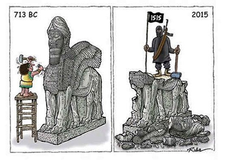 Daesh destrozando monumentos históricos Irán acoge un concurso de caricaturas contra Daesh